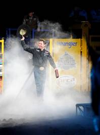 In this photo provided by the Las Vegas News Bureau, Trevor Brazile becomes the 2011 World Champion All-Around Cowboy during the Wrangler National Finals Rodeo at the Thomas & Mack Center in Las Vegas. Saturday, December 10, 2011. 