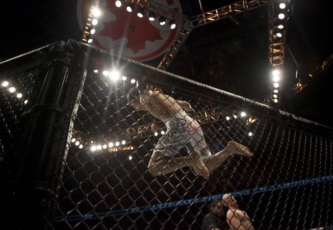 South Korea's Chan Sung Jung, top, leaps from the top of the octagon as he celebrates a technical knockout against Mark Hominick, lower right, during UFC 140 in Toronto on Saturday, Dec. 10, 2011.