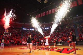 UNLV mascot Hey Reb shoots off fireworks before the start of the Rebels game against the University of Texas El Paso Wednesday, Dec. 14, 2011 at the Thomas & Mack Center. UNLV won the game 65-54.