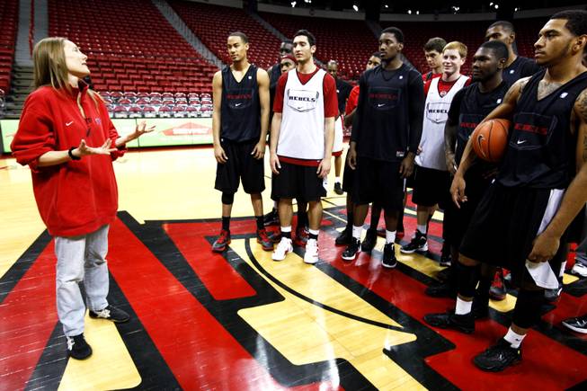 Suzanne Lea thanks the UNLV basketball players for participating in the surprise for the Ramos family after practice at the Thomas & Mack Center on Thursday, Dec. 22, 2011.