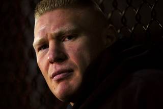 Brock Lesnar talks to the media during an open workout in advance of UFC 141 Tuesday, Dec. 27, 2011. Lesnar will face Dutch heavyweight Alistair Overeem on Friday.