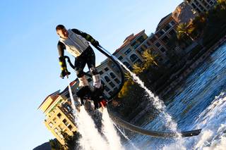 Franky Zapata twists and turns atop his Flyboard during his national premier demonstration Wednesday, Dec. 28, 2011, at MonteLago Village at Lake Las Vegas.