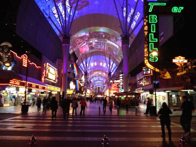 Fremont Street has been opened for its evening of tribute band performances, Dec. 31, 2011.