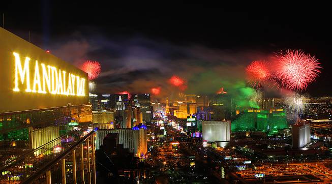 Fireworks light up the sky over the Las Vegas Strip Sunday, Jan. 1, 2012, in this view from the House of Blues Foundation Room at Mandalay Bay.