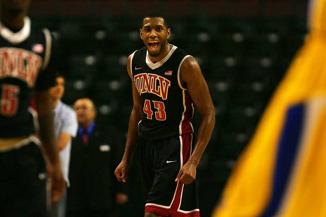 UNLV forward Mike Moser reacts after a score against Cal State-Bakersfield during their game Thursday, Jan. 5, 2012 at Rabobank Arena in Bakersfield.