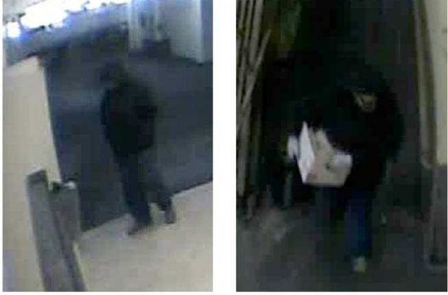 These still images provided by Metro Police show the suspect in a casino robbery entering and leaving the building.