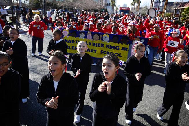 Martin Luther King J.r Elementary School students gather to march during the Dr. Martin Luther King Jr. Parade in downtown Las Vegas Monday, Jan. 16, 2012.