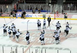 Wranglers players salute the fans at center ice after defeating the Colorado Eagles 5-1 Monday afternoon, Jan. 16, at the Orleans Arena.