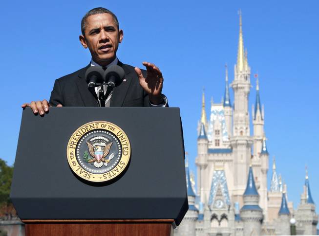 President Barack Obama speaks about tourism and travel on Jan. 19, 2012, at the Walt Disney World resort in Lake Buena Vista, Fla. 