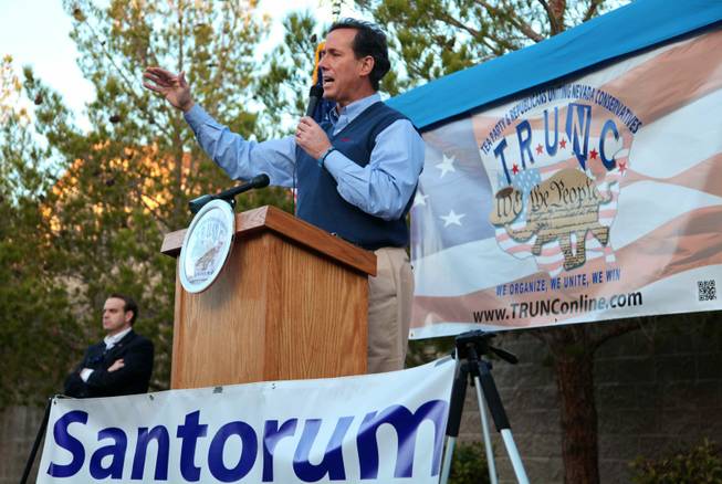 Republican presidential candidate former Pennsylvania Sen. Rick Santorum speaks during rally outside his Nevada headquarters in Las Vegas on Tuesday, Jan. 31, 2012.
