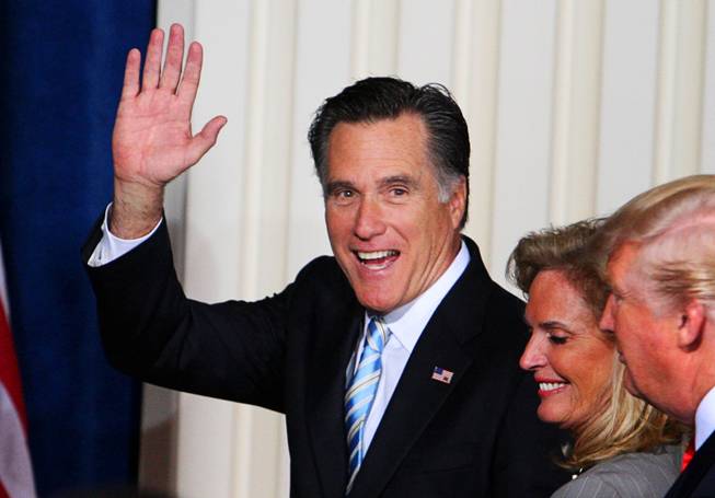 Republican presidential candidate, former Massachusetts Gov. Mitt Romney, his wife Ann and businessman Donald Trump leave a news conference after Trump endorsed Romney's presidential bid at the Trump International Hotel  in Las Vegas, Nevada February 2, 2012.