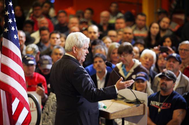 Former House speaker Newt Gingrich speaks during a rally at Xtreme Manufacturing in Las Vegas Thursday, Feb. 2, 2012.
