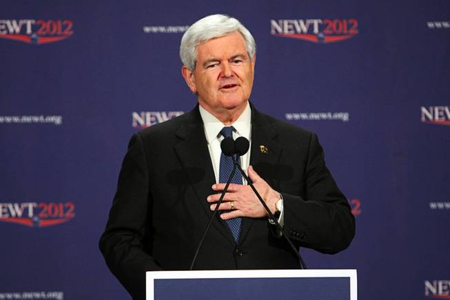 Republican presidential candidate and former Speaker of the House Newt Gingrich speaks during a news conference after the Nevada caucus at the Venetian Saturday, February 4, 2012