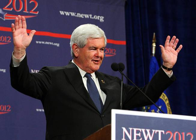 Republican presidential candidate and former Speaker of the House Newt Gingrich speaks during a news conference after the Nevada caucus at the Venetian Saturday, February 4, 2012