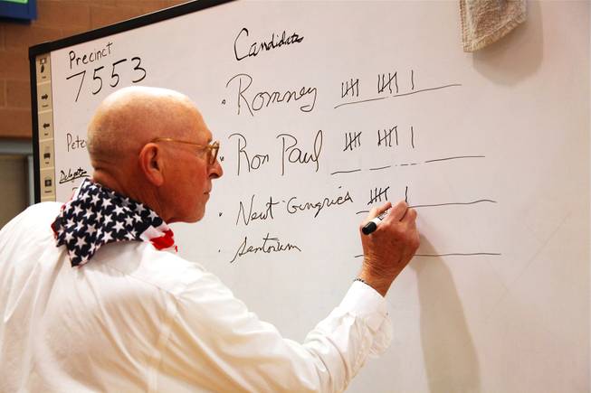 Herb Peters tallies up the votes for precinct 7553 on a whiteboard in the Boulder City High School gymnasium during the Republican caucus in Boulder City on Saturday, Feb. 4, 2012. Ron Paul won this precinct.