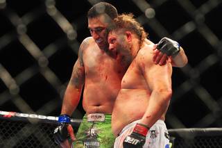 Roy Nelson and Fabricio Werdum embrace after their heavyweight fight Saturday, Feb. 4, 2012 at the Mandalay Bay Events Center. Werdum won by decision.