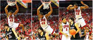 This is a three photo sequence of UNLV forward Mike Moser dunking on San Diego State forward Garrett Green during their Mountain West Conference game Saturday, Feb. 11, 2012 at the Thomas & Mack Center. UNLV won the game 65-63.