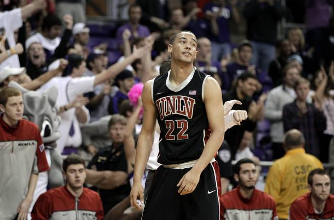 UNLV 's Chace Stanback reacts in the final seconds of overtime in an NCAA college basketball game against TCU on Feb. 14, 2012, in Fort Worth, Texas. Stanback had 17 points in the 102-97 loss to TCU.