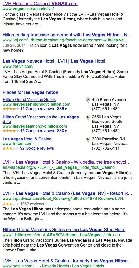Search results - with no advertisements - from Google when searching for "Las Vegas hilton."