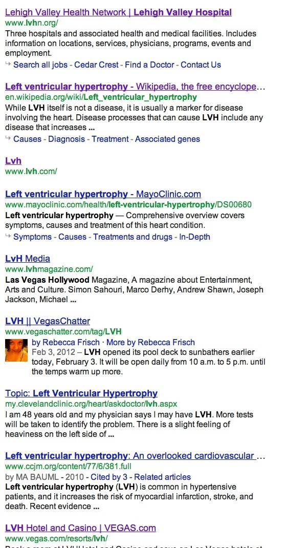 Search results - with no advertisements - from Google when searching for "lvh."