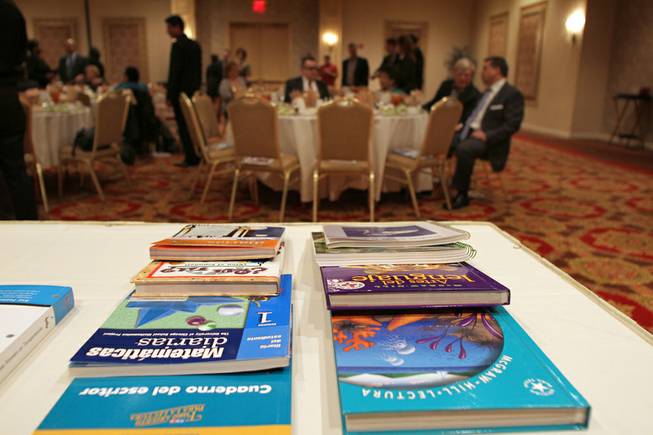 A sampling of some of the 162,000 textbooks to be donated to the Clark County School District by Another Joy Foundation, The Public Education Foundation and the Latin Chamber of Commerce. The donation was announced Friday, Feb. 17, 2012, at the Latin Chamber's monthly luncheon.