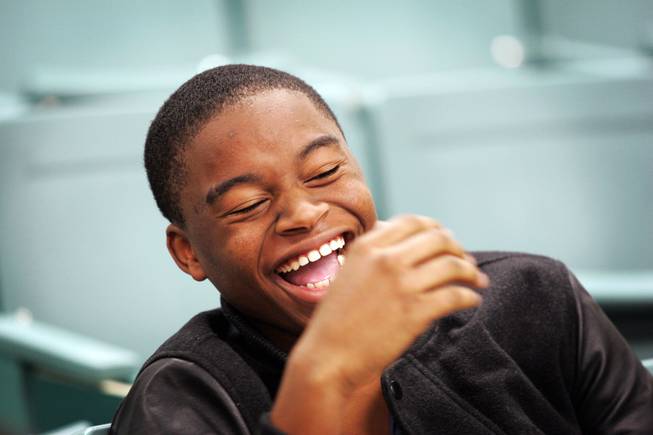 Freshman Keryon Allen laughs while listening to personality test results during School on Saturday at Mojave High School in North Las Vegas on Saturday, Feb. 18, 2012.