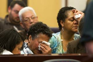 Alice Alava, center, cries while listening to a victim impact statement from Linda Decker, grandmother to Amelia Decker, before sentencing at the North Las Vegas Municipal Courthouse Thursday, Feb. 23, 2012. Alava was sentenced for an Oct. 21, 2011 auto-pedestrian accident that killed 6-year-old Amelia Decker and injured her friends Alyssa Mowrey, 5, and Rain Mowrey, 6.