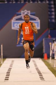 Arizona receiver Juron Criner runs a drill at the NFL football scouting combine in Indianapolis on Sunday, Feb. 26, 2012.