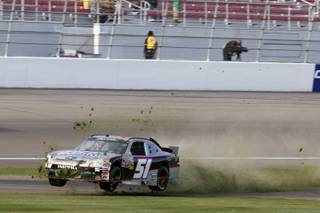 Jeremy Clements (51) drives through the infield grass during the NASCAR Nationwide Series Sam's Town 300 auto race, Saturday, March 10, 2012.