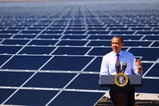 President Barack Obama speaks during a visit to Sempra U.S. Gas & Power's Copper Mountain Solar 1 photovoltaic plant Wednesday, March 21, 2012 south of Boulder City.
