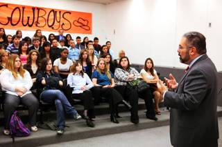 Ray Suarez of PBS NewsHour speaks with Chaparral High School students about graduation rates and education at the school in Las Vegas on Wednesday, March 28, 2012