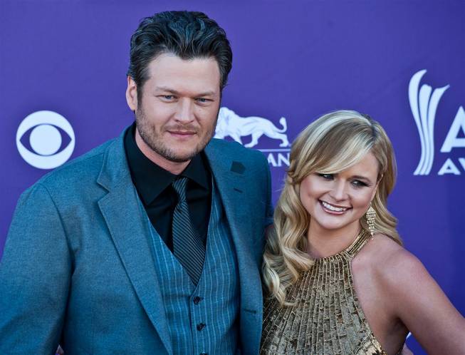 Blake Shelton and Miranda Lambert arrive at the 47th Annual Academy of Country Music Awards at MGM Grand Garden Arena on Sunday, April 1, 2012.