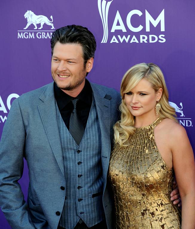 Blake Shelton and Miranda Lambert arrive at the 47th Annual Academy of Country Music Awards at MGM Grand Garden Arena on Sunday, April 1, 2012. 