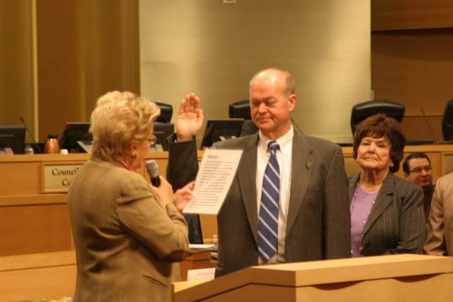 Las Vegas Mayor Carolyn Goodman swears in new Ward 2 Councilman Bob Beers Wednesday morning at the beginning of the Las Vegas City Council meeting. Beers won the spot in a nine-way special election March 20 to fill the seat formerly held by Steve Wolfson, who was appointed as Clark County's new district attorney.