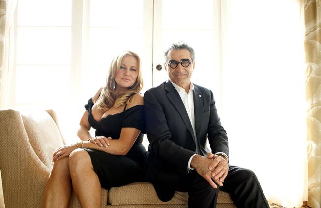 Actress Jennifer Coolidge and actor Eugene Levy sit for a portrait during a media day for the upcoming feature film "American Reunion" on Sunday, March 18, 2012, in Los Angeles.
