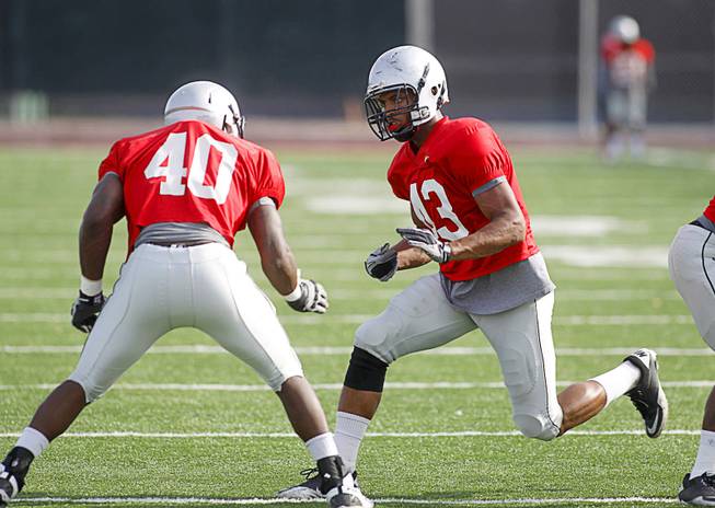 Linebackers Princeton Jackson, left and Tim Hasson run through a drill during practice at UNLV's Rebel Field, April 16, 2012.