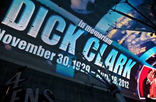 A tribute to TV legend Dick Clark at Fremont Street Experience in downtown Las Vegas on Wednesday, April 18, 2012. Clark passed away today at age 82.