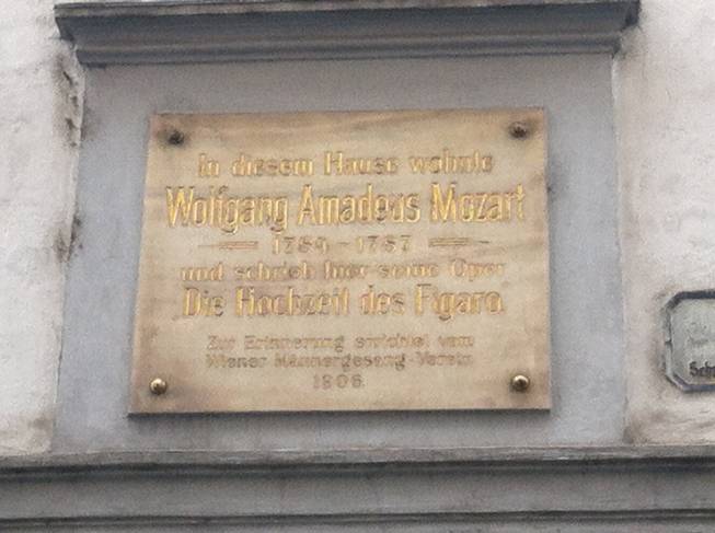 Plaque at the home of Mozart in the center of Vienna.