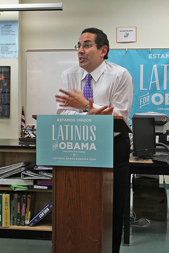 Democratic National Committee senior adviser for Hispanic Affairs Juan Sepulveda addresses the Hispanic Student Union after school at Rancho High School Tuesday. Sepulveda trumpeted President Barack Obama's programs to help students pay for college as the president campaigns for Congress to extend a reduced interest rate for federal student loans that is set to expire in July.