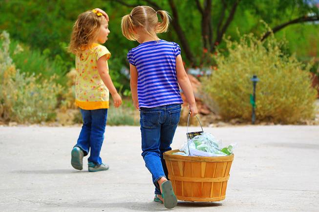 A young girl carries her family's purchases away at the farmers market at the Springs Preserve Thursday, April 26, 2012.