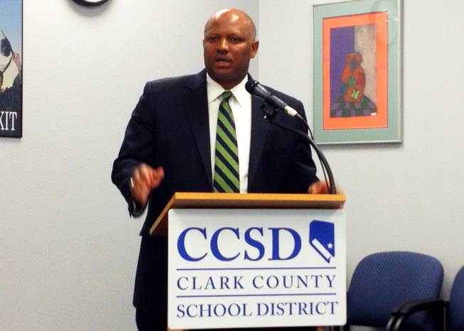 Dwight Jones, Clark County School District superintendent, addresses the media Wednesday morning after an arbitrator sided with the district's teachers in a contract dispute. The decision, Jones said, probably will force the district to lay off hundreds of teachers.