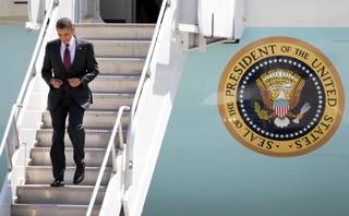 President Barack Obama lands at the Reno-Tahoe International Airport in Reno, Nev. Friday, May 11, 2012. 