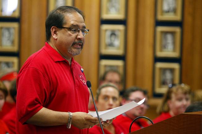 Teachers union president Ruben Murillo speaks during a Clark County School Board meeting at the Edward Greer Education Center on East Flamingo Road Wednesday, May 16, 2012. The board approved a final budget that will lay off 1,015 positions in order to balance the budget.