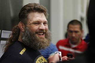 Roy Nelson of Las Vegas talks to reporters during workouts for UFC 146 at the MGM Grand Wednesday, May 23, 2012.  UFC 146: 