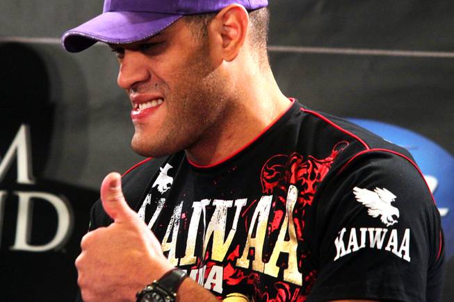 Heavyweight fighter Antonio Silva gives a thumbs up to a fan during the press conference for UFC 146 in the lobby of the MGM Grand in Las Vegas on Thursday, May 24, 2012.