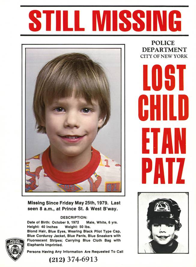 This undated file image provided Friday, May 28, 2010 by Stanley K. Patz shows a flyer distributed by the New York Police Department of Patz's son Etan who vanished in New York on May 25, 1979.