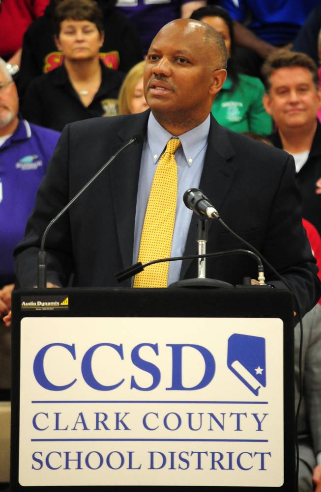 Clark County Schools Superintendent Dwight Jones unveils a new ranking system for the School District's 49 high schools at Cimarron-Memorial High School on Thursday, May 24, 2012. Fourteen of the 49 ranked high schools were rated five-stars; however, all but three of these top-performing schools were either magnet or Career and Technical Academies.