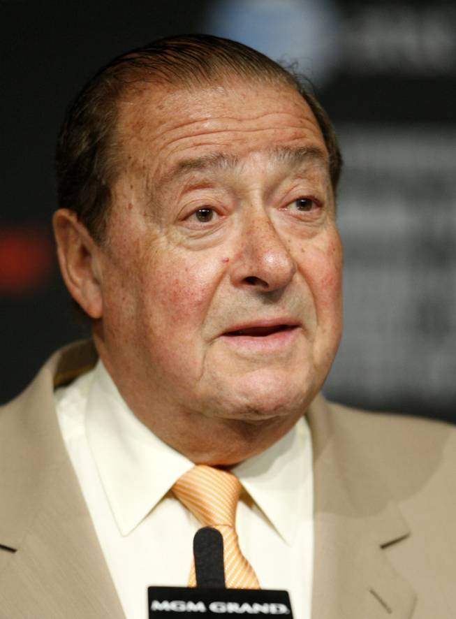 Boxing promoter Bob Arum, CEO of Top Rank, speaks during a news conference during a news conference at the MGM Grand June 6, 2012. Julio Cesar Chavez Jr., promoted by Top Rank, will defend his WBC middleweight title against Sergio Gabriel Martinez at the Thomas & Mack Center on September 15. On the same day, Golden Boy Promotions is promoting a fight between WBC super welterweight champion Canelo Alvarez of Mexico and Victor Ortiz at the Mandalay Bay Events Center.