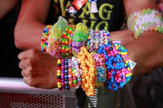 Ed Sharp of Pebble Beach, Calif. displays his beads during the final night of the Electric Daisy Carnival at the Las Vegas Motor Speedway Sunday night/Monday morning June 11, 2012.