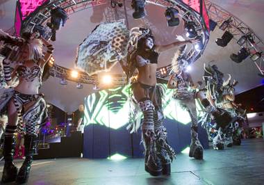 Performers dance at the discoverySTAGE during the final night of the Electric Daisy Carnival at the Las Vegas Motor Speedway Sunday night/Monday morning June 11, 2012.
